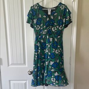CAbi Green and Blue Floral Midi Dress